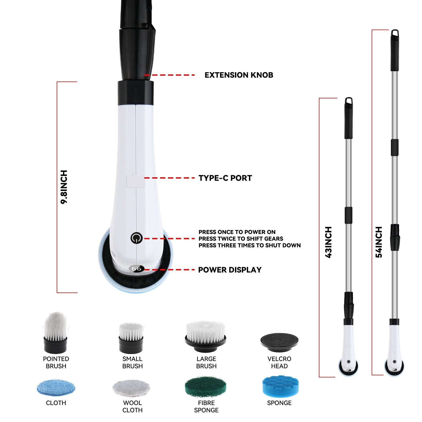 Electric cleaning brush features with extension knob, type-C port, power display, and various brush head attachments.