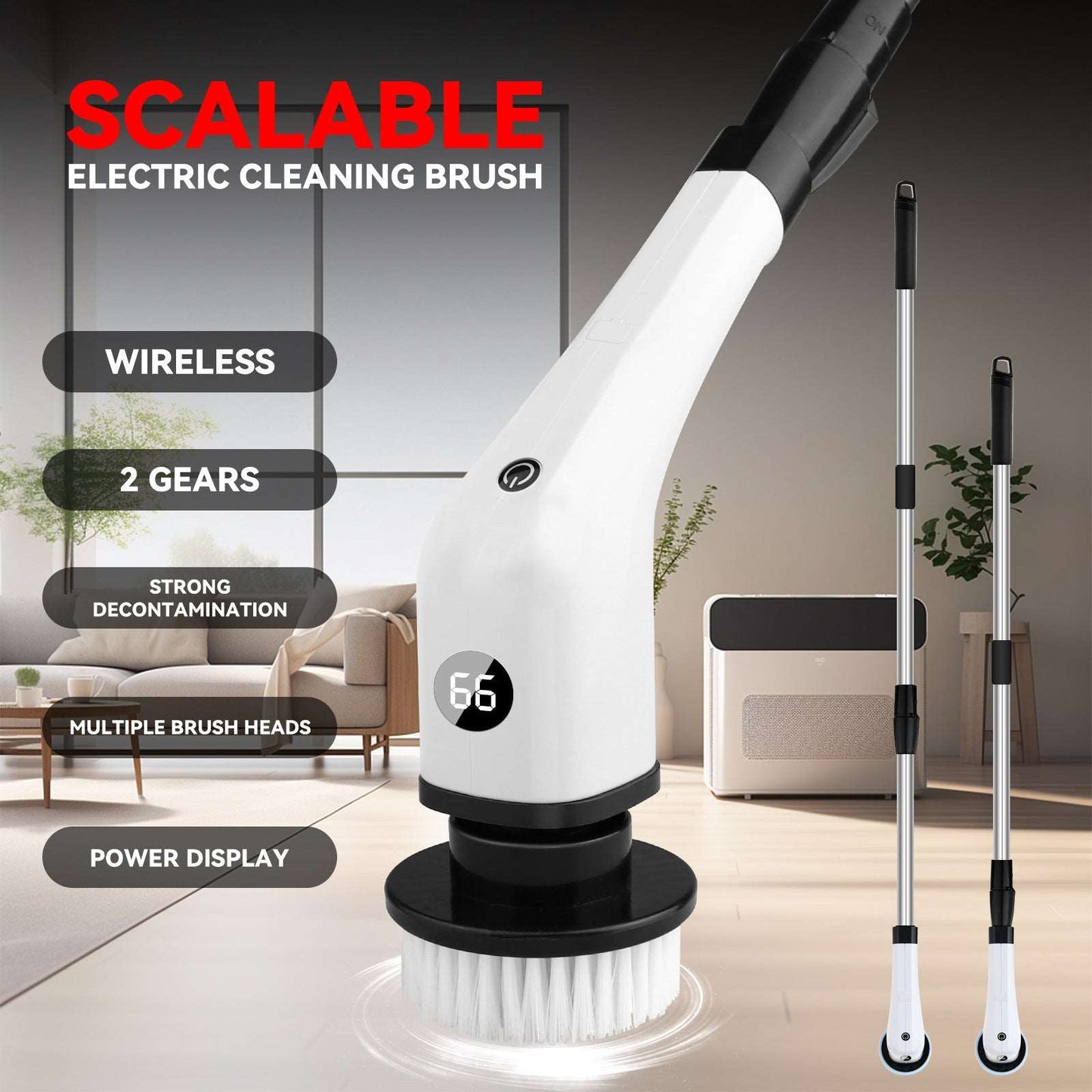 Scalable electric cleaning brush in white, wireless with 2 gears, strong decontamination, and power display for efficient cleaning.