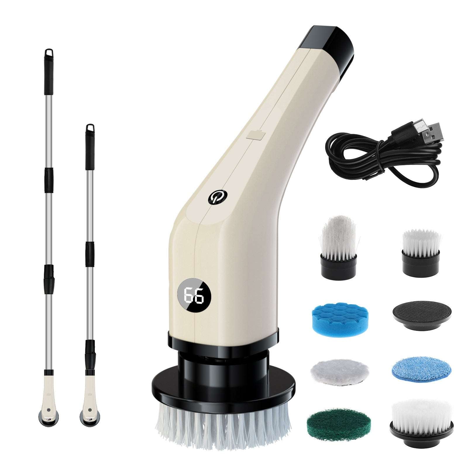 Electric cleaning brush in milky white with multiple brush heads and extension poles for efficient cleaning tasks.