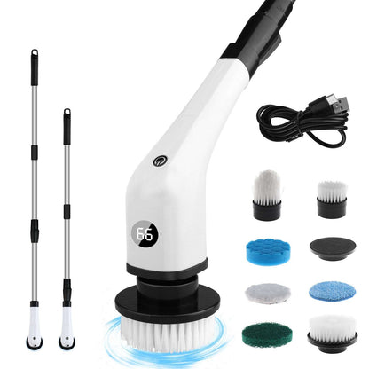 Electric cleaning brush set in white, showcasing multiple brush heads and accessories for versatile cleaning tasks.